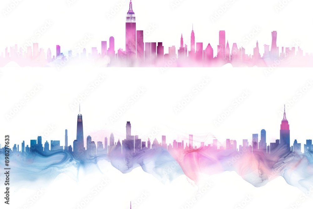 Urban cityscape and skyline silhouettes in a seamless modern pattern, rendered in watercolor style Urban cityscape and skyline silhouettes in a seamless modern pattern, rendered in watercolor style