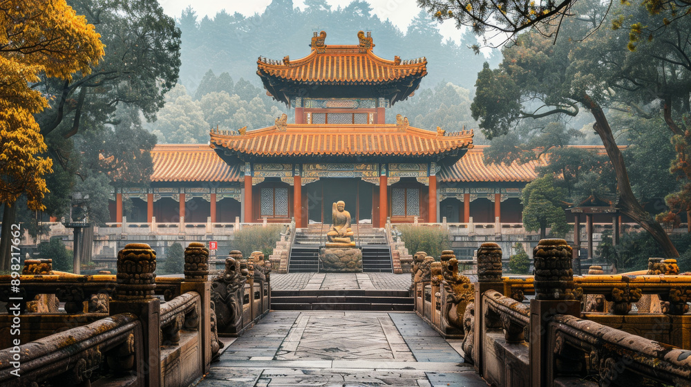 Naklejka premium A large building with a red roof and a statue of a lion in front of it