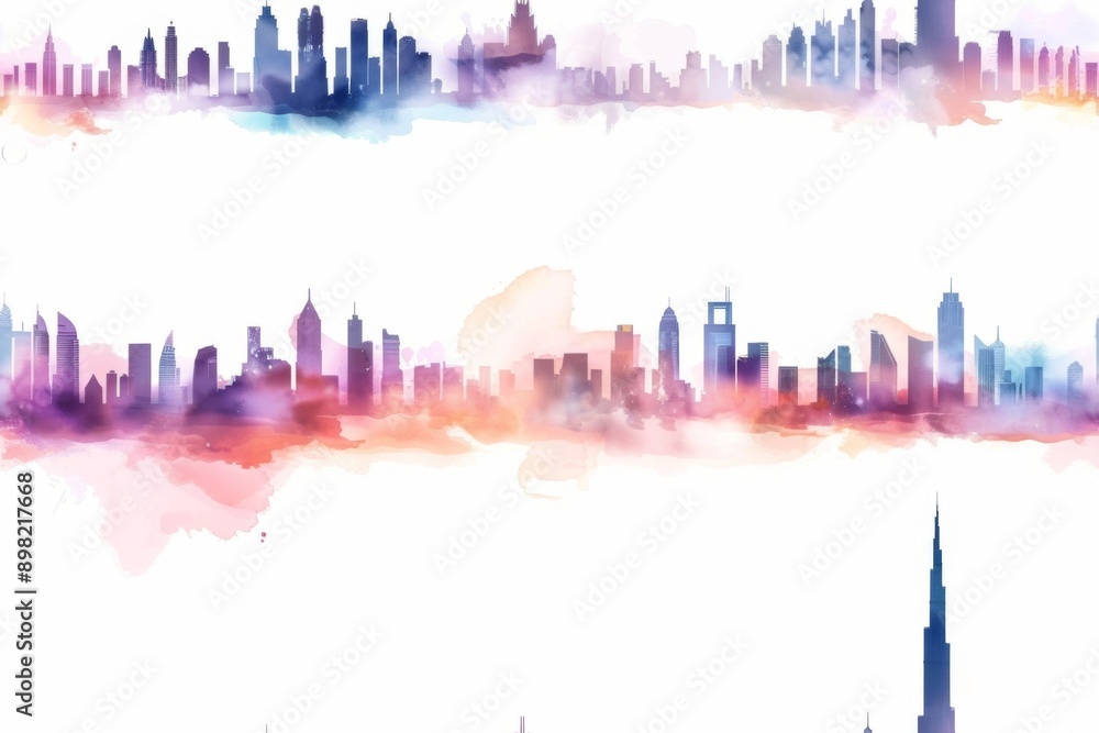 Urban cityscape and skyline silhouettes in a seamless modern pattern, rendered in watercolor style Urban cityscape and skyline silhouettes in a seamless modern pattern, rendered in watercolor style