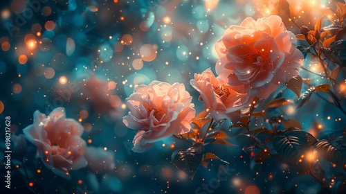  A tight shot of a flower bouquet with indistinctive background lights and a hazy foreground of leaves and blossoms