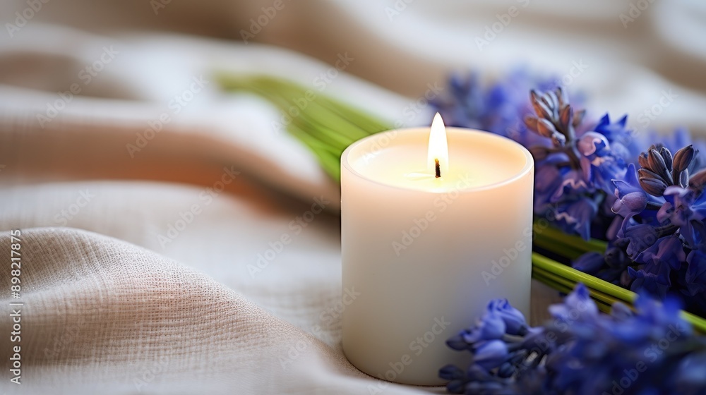 A white candle with burlap and blue muscari flowers A white candle with burlap and blue muscari flowers