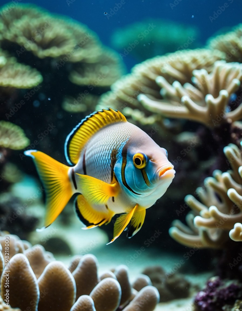 Vibrant orange white yellow blue red reef fish swim through coral reef. Sun rays pierce sea water. Variety of animal. Ecology hydrosphere. Anthropogenic factor influencing death of coral reefs. AI Vibrant orange white yellow blue red reef fish swim through coral reef. Sun rays pierce sea water. Variety of animal. Ecology hydrosphere. Anthropogenic factor influencing death of coral reefs. AI