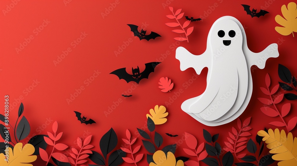 Paper Cutout Halloween Ghost with Bats and Autumn Leaves Paper Cutout Halloween Ghost with Bats and Autumn Leaves