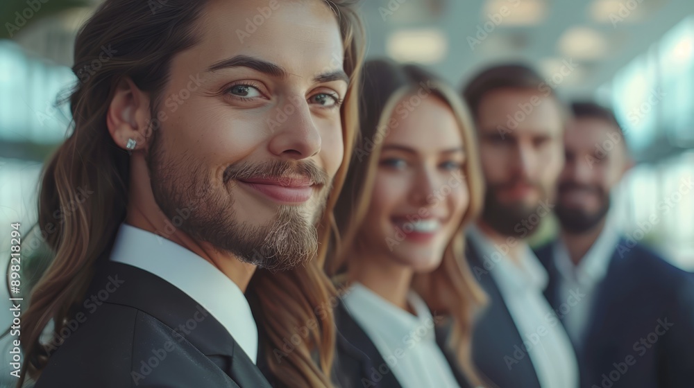 A group of people stand next to a man in a suit and a woman in a white blouse A group of people stand next to a man in a suit and a woman in a white blouse