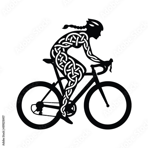 Cycling  female player in celtic knot pattern illustration, emblem shield badge