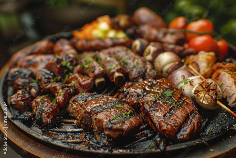 Sizzling barbecue platter with various meats, grilled feast, with copy space Sizzling barbecue platter with various meats, grilled feast, with copy space