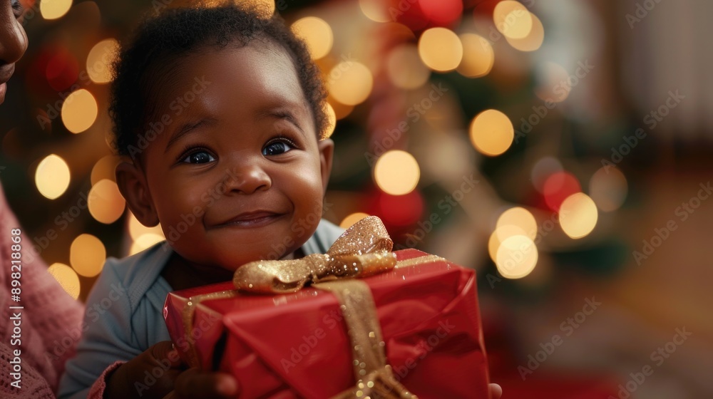 A mother holds her young child who is holding a small red gift A mother holds her young child who is holding a small red gift