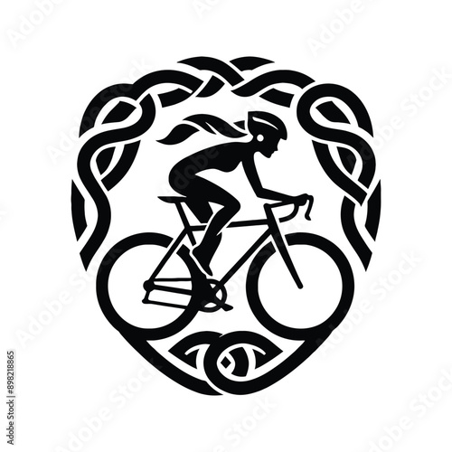 Cycling  female player in celtic knot pattern illustration, emblem shield badge