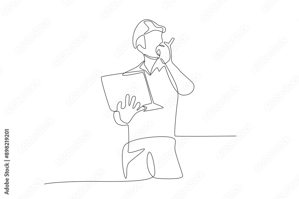 The foreman gives directions via walkie talkie. Labor concept one-line drawing The foreman gives directions via walkie talkie. Labor concept one-line drawing