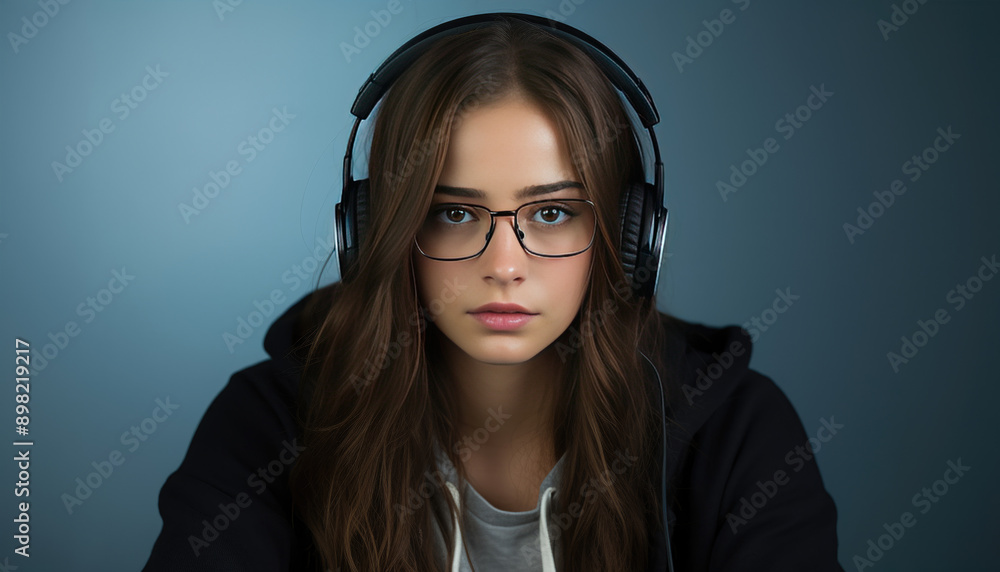 A young woman with headphones and glasses gazing into the distance. Generative AI A young woman with headphones and glasses gazing into the distance. Generative AI