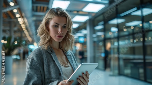  Woman gazes at tablet, serious expression © Viktor
