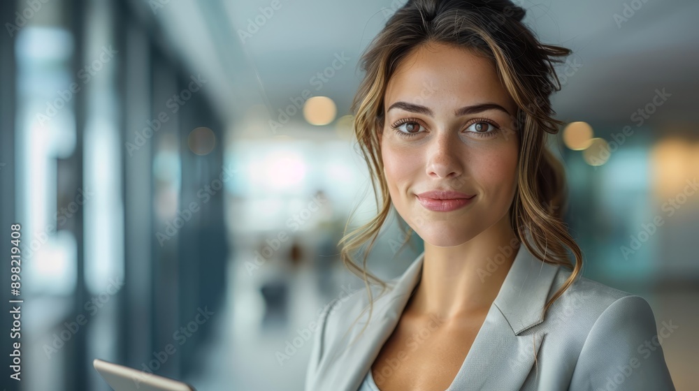 Fototapeta premium A woman in a business suit smiles at the camera, tablet in hand