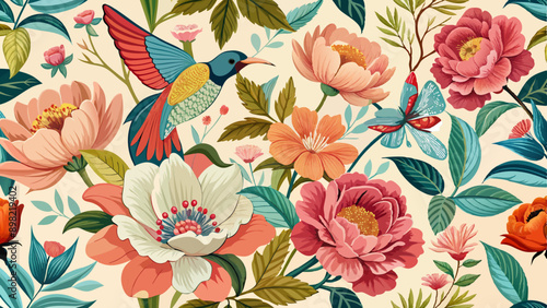 Floral seamless pattern with garden flowers peonies, bird and butterflies, vector illustration