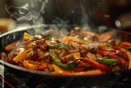 Sizzling fajitas on cast iron skillet, Tex-Mex specialty, with copy space