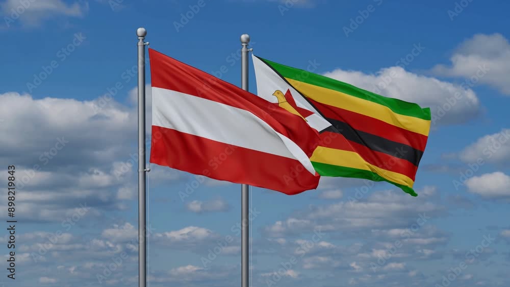 Zimbabwe and Austria flags flying together, video concept of the relationship, two country cooperation concept Zimbabwe and Austria flags flying together, video concept of the relationship, two country cooperation concept