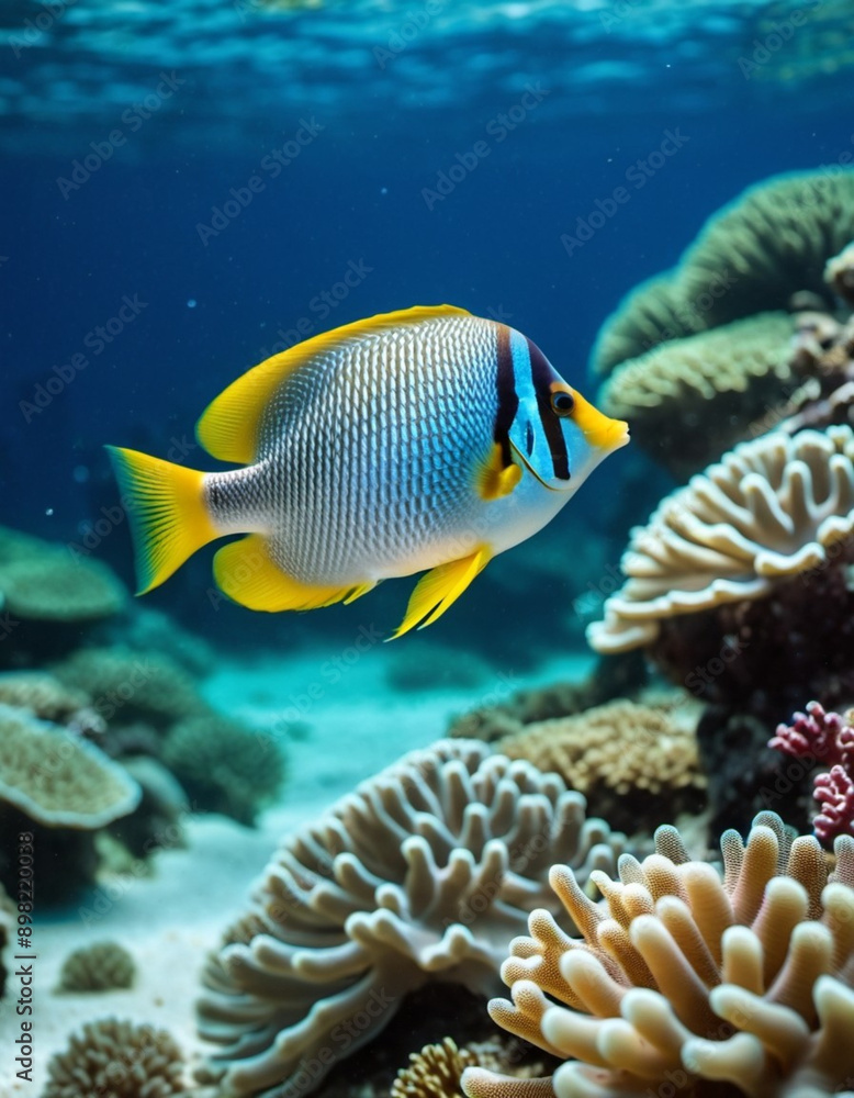 Vibrant orange white yellow blue red reef fish swim through coral reef. Sun rays pierce sea water. Variety of animal. Ecology hydrosphere. Anthropogenic factor influencing death of coral reefs. AI Vibrant orange white yellow blue red reef fish swim through coral reef. Sun rays pierce sea water. Variety of animal. Ecology hydrosphere. Anthropogenic factor influencing death of coral reefs. AI