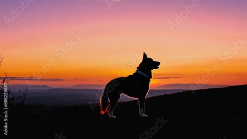 Dog Silhouette At Sunset Over Mountain Range photo