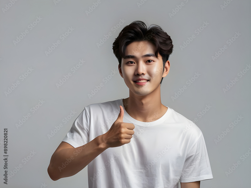 Asian Korean man with comma hair style and white t-shirt, smiling and giving thumbs up. Stand on light gray isolated background. Perfect for your media advertising models. Asian Korean man with comma hair style and white t-shirt, smiling and giving thumbs up. Stand on light gray isolated background. Perfect for your media advertising models.