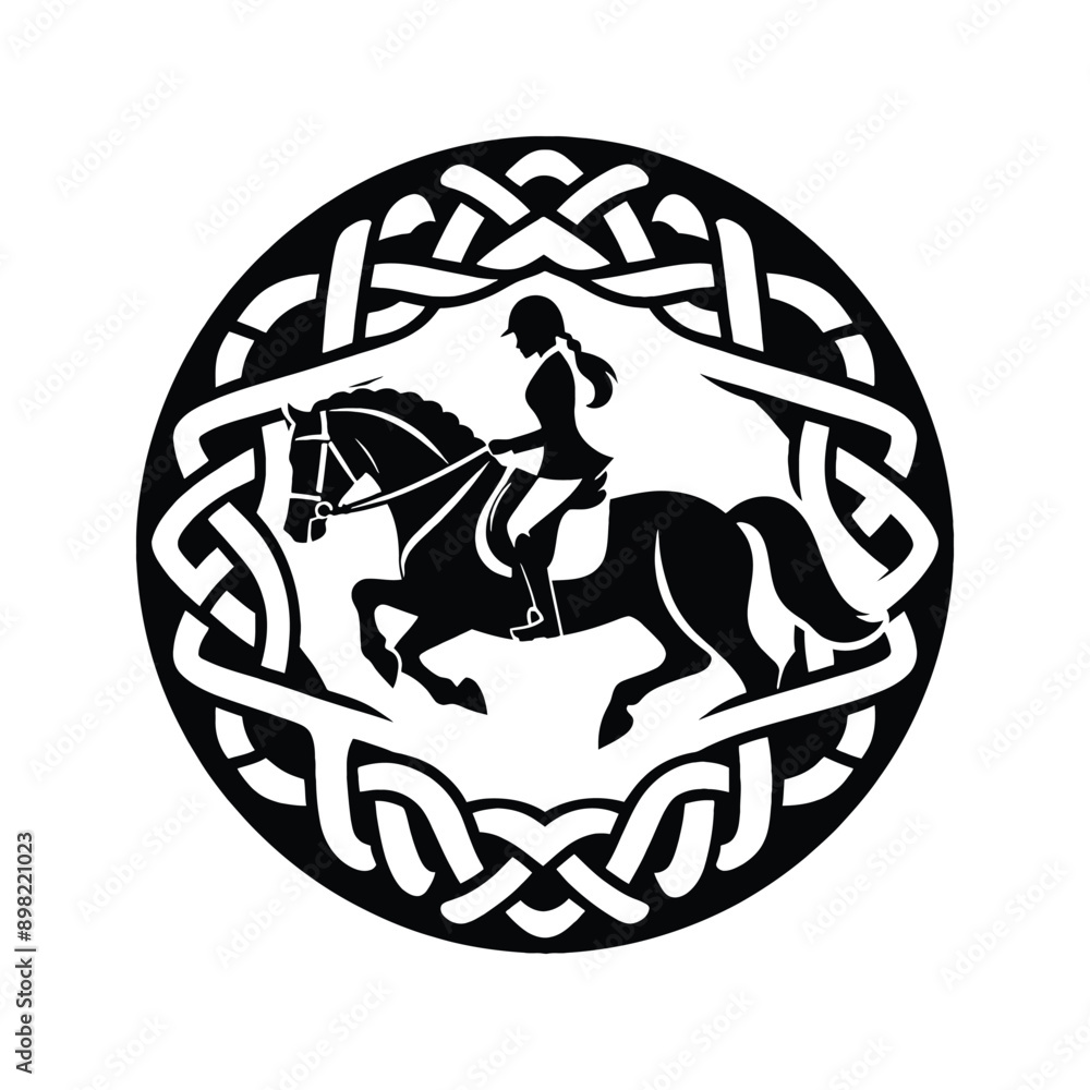 Equestrian, horse riding female player in celtic knot pattern illustration, emblem shield badge Equestrian, horse riding female player in celtic knot pattern illustration, emblem shield badge