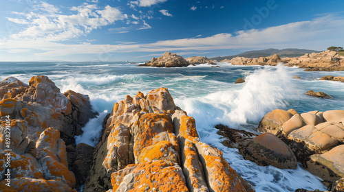 Waves crash on colorful lichen and barnacle covered boulders on he rocky coast of Asilomar State Park near Monterey photo