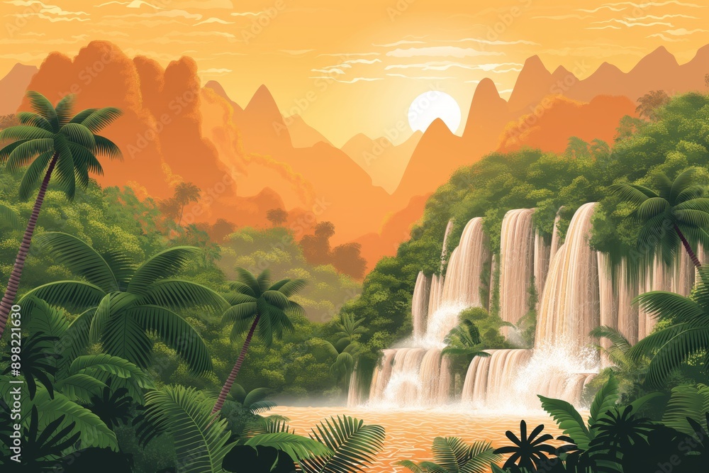 Fototapeta premium Lush Tropical Waterfall in a Golden Sunset Landscape