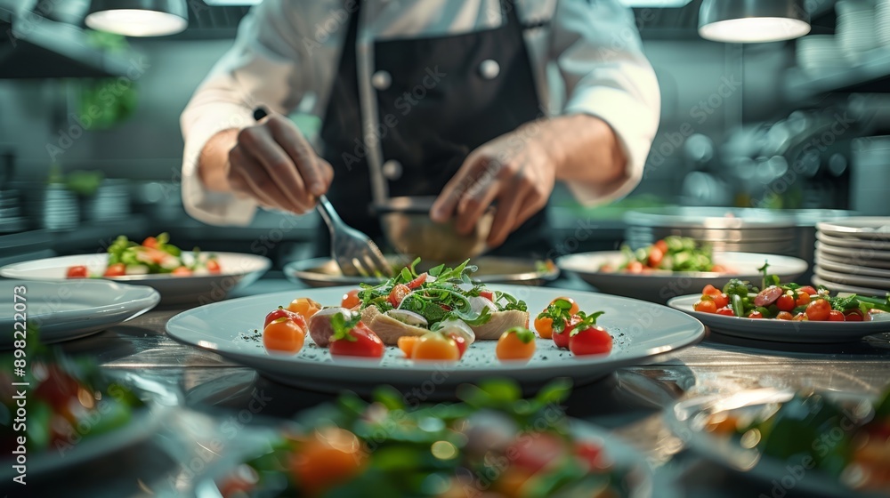 Naklejka premium A chef cooking food in a kitchen, countertop dotted with plates, table adorned with salad plates