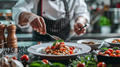  A chef sprinkles seasoning over a plate of food on a table In the background, other plates await serving