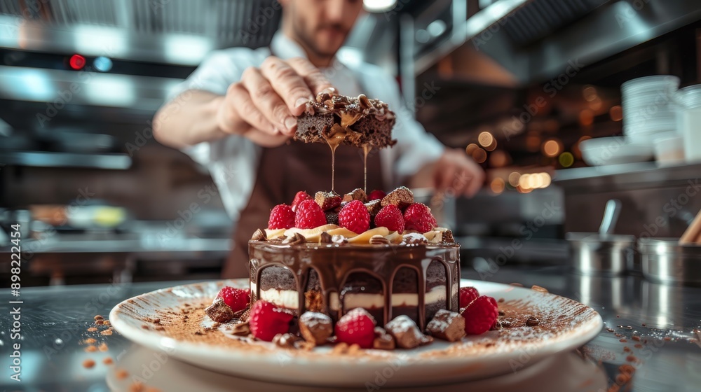 A man drizzles chocolate over a cake topped with raspberries A man drizzles chocolate over a cake topped with raspberries