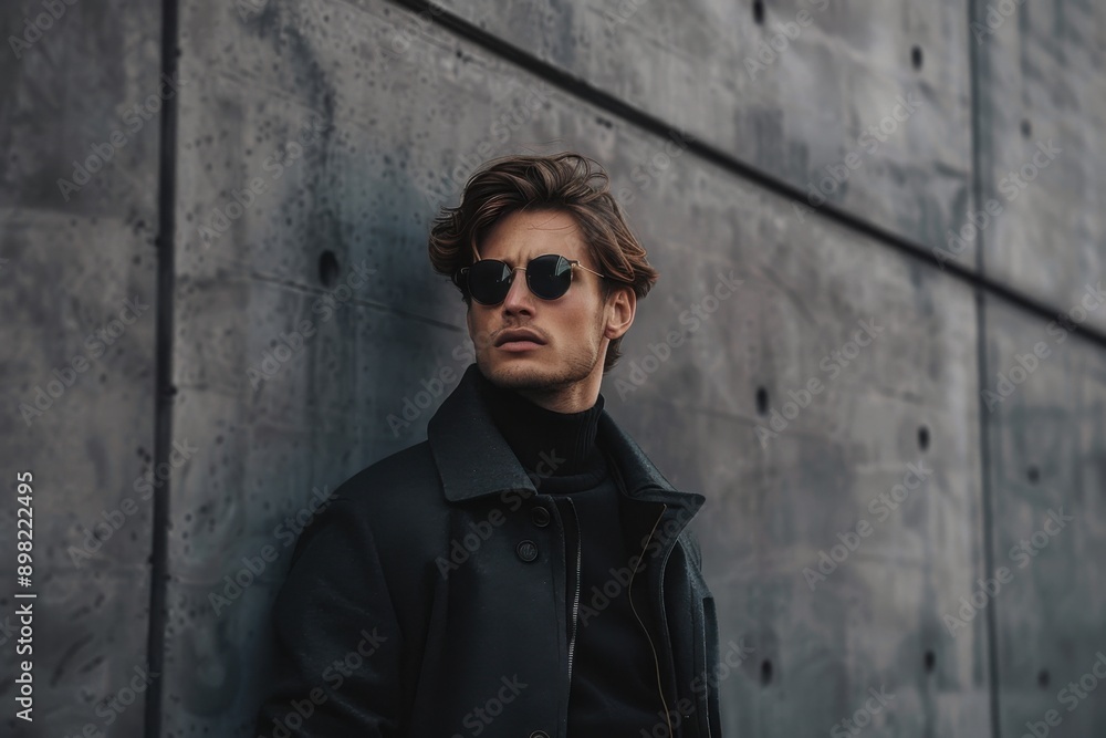 Obraz premium Fashionable man with sunglasses posing against urban concrete wall
