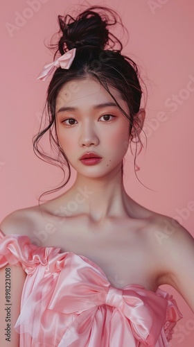 Elegant Full Body Portrait of a Beautiful Chinese Female Model Wearing a Pink Dress and Bow Hair Clip on a Light Background with Strong Shadows and Soft Lighting