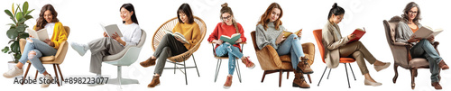 Pack of Happy woman reading book while sitting on chair set against transparent background