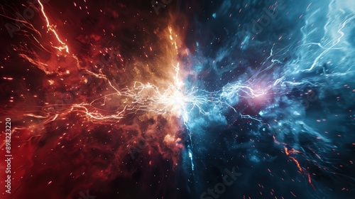 Two sparks of electricity colliding in the center of an electric field, with red and blue colors. © Punn