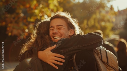 Two people hug each other with one of them wearing a backpack