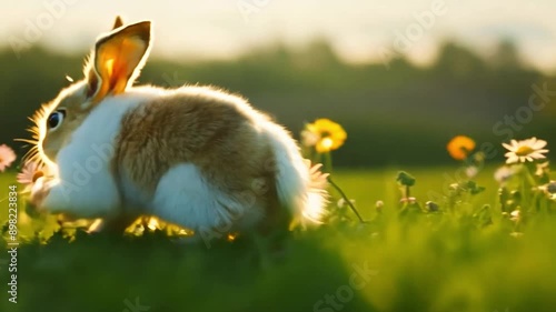 A rabbit hopping across a green lawn, with flowers in the background.