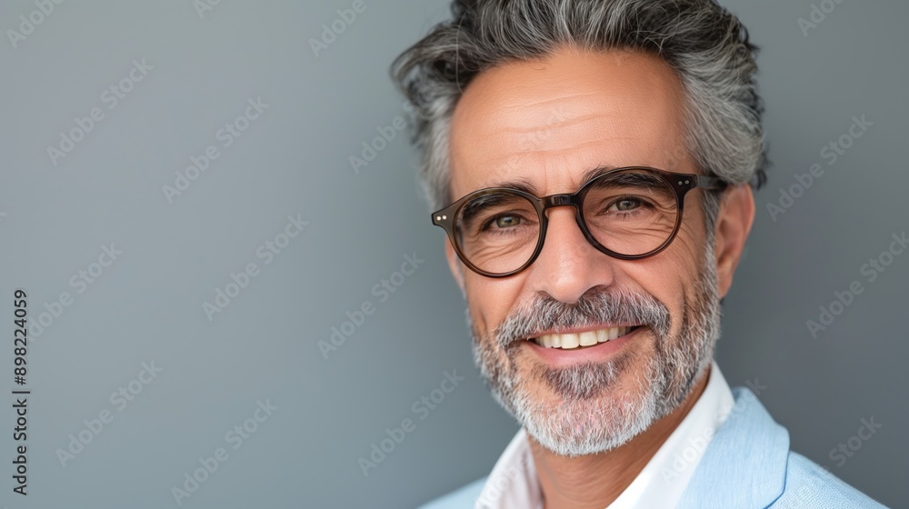 A man with glasses and a beard is smiling. He is wearing a blue jacket and white shirt A man with glasses and a beard is smiling. He is wearing a blue jacket and white shirt
