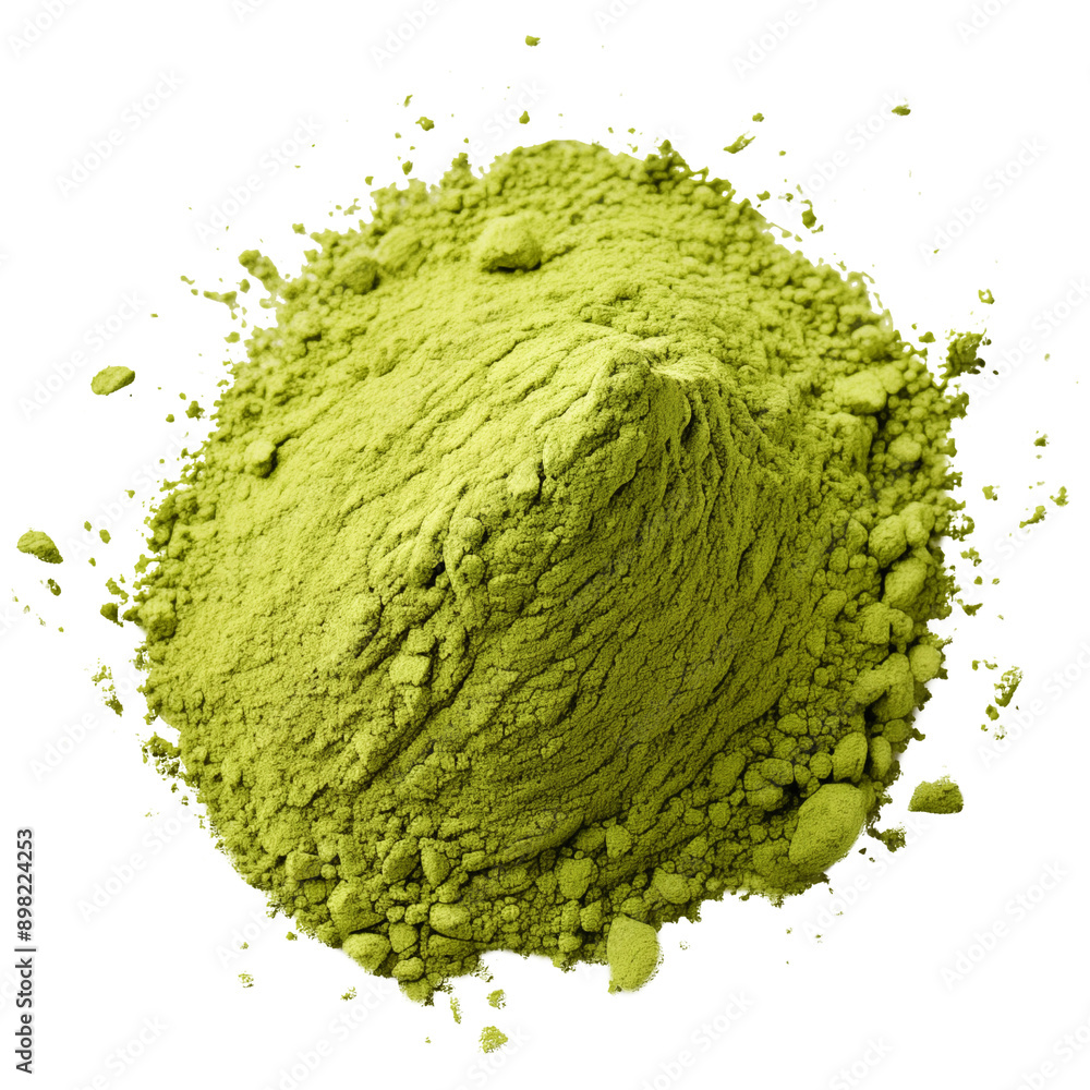 Obraz premium Top view green powder, Heap of green matcha tea powder isolated on transparent white background, clipping path