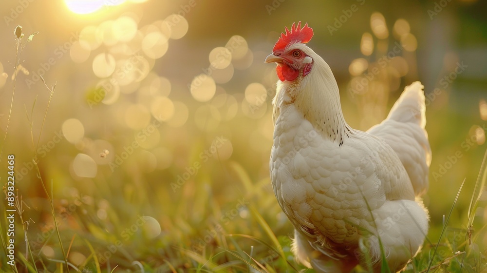 Serene farm scene featuring a white chicken at sunrise. Concept of countryside morning. Golden light highlighting rural beauty. Ideal for nature, farm, and morning-themed usage. AI Serene farm scene featuring a white chicken at sunrise. Concept of countryside morning. Golden light highlighting rural beauty. Ideal for nature, farm, and morning-themed usage. AI