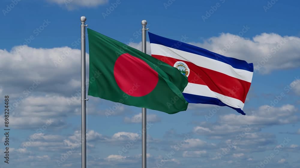 Costa Rico and Bangladesh flags flying together, video concept of the relationship, two country cooperation concept