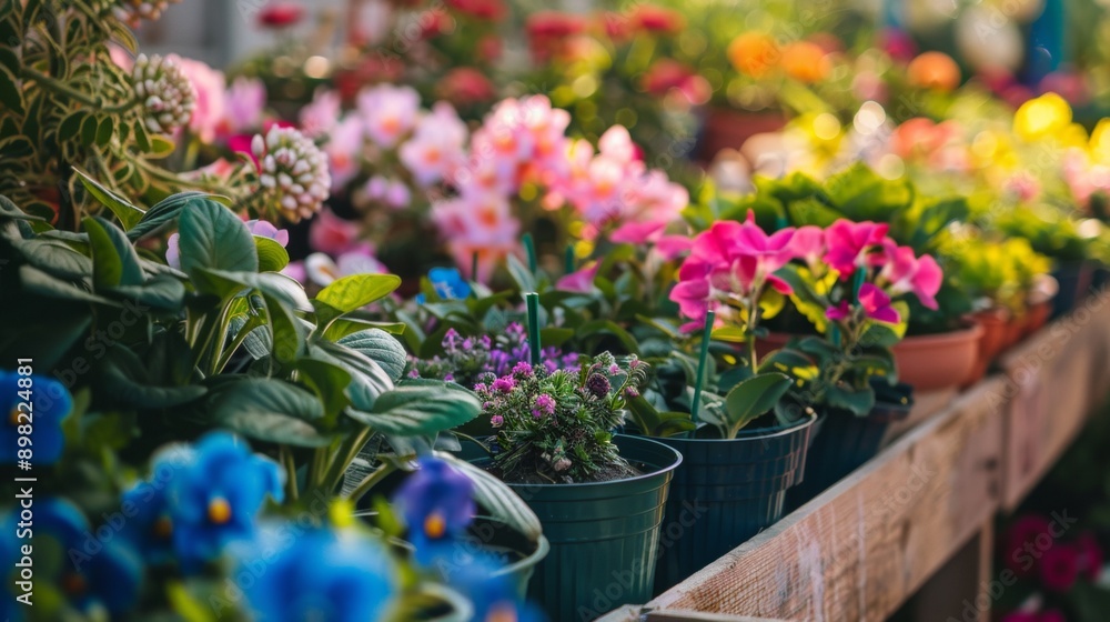 Colorful flowers in pots displayed on a wooden table Colorful flowers in pots displayed on a wooden table