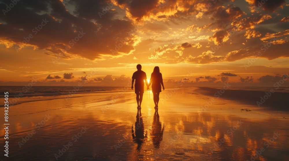 Fototapeta premium A few individuals stroll on the beach beneath a cloud-filled sky, the sun intermittently emerging through the clouds