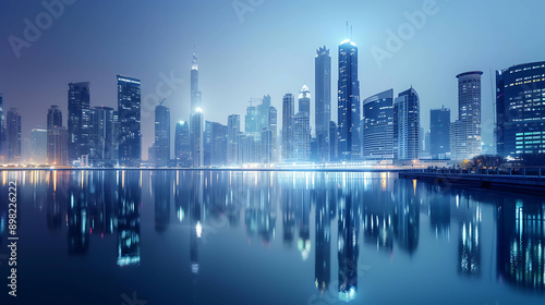 A stunning view of a city skyline reflected in the water at night.