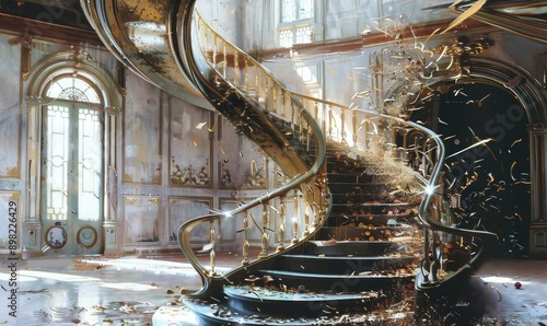 The decaying interior of a once opulent mansion featuring a crum photo