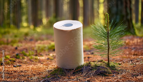 Toilet paper roll next to young pine tree seedling in the forest, sircular economy concept with copy space