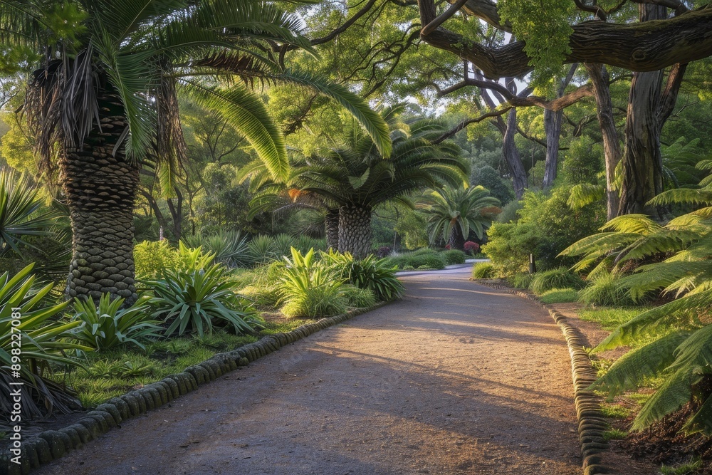 An old tree fern is dangling from a canopy of a dense forest, botanical garden Kirstenbosch, Cape Town, South Africa An old tree fern is dangling from a canopy of a dense forest, botanical garden Kirstenbosch, Cape Town, South Africa