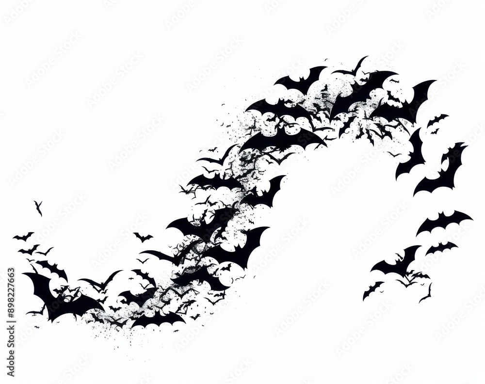 A swarm of bats forming an elegant curve against a white backdrop. A swarm of bats forming an elegant curve against a white backdrop.