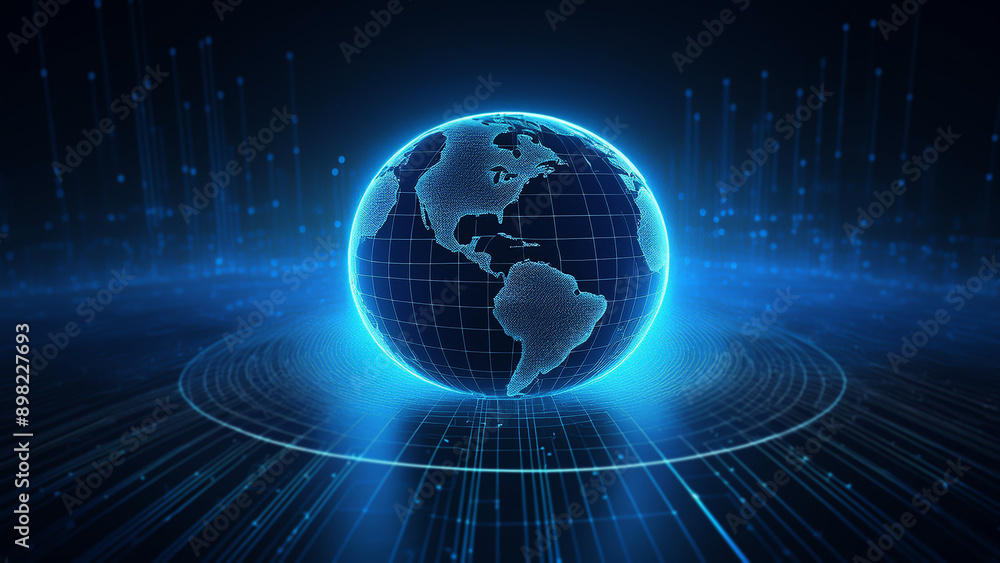 Obraz premium Abstract illustration of 3D rendering digital global world connected network in the blue background representing business, trading, globalization, internet, communication, telecommunication 