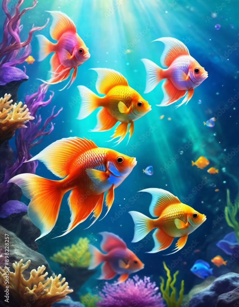 Fototapeta premium Vibrant orange white yellow blue red reef fish swim through coral reef. Sun rays pierce sea water. Variety of animal. Ecology hydrosphere. Anthropogenic factor influencing death of coral reefs. AI