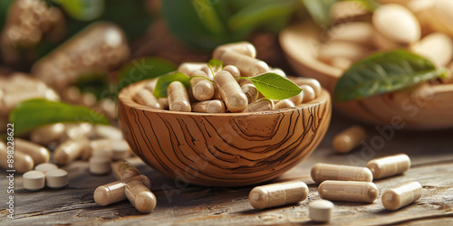 Wallpaper Mural Ashwagandha capsules placed on a wooden surface Torontodigital.ca