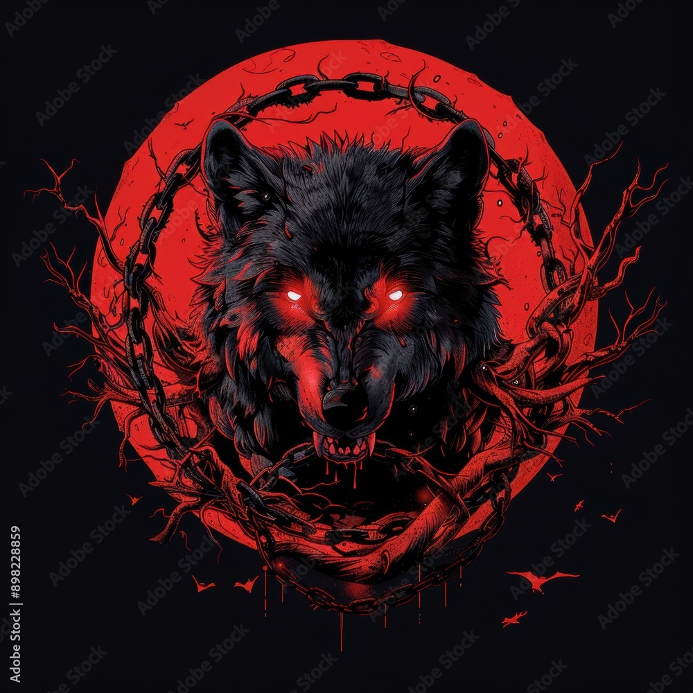 Fototapeta A dark, eerie artwork featuring a snarling black wolf with glowing red eyes, surrounded by chains and thorns against a blood-red moon.