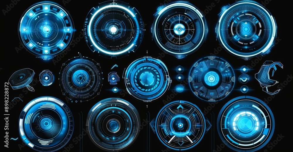 Futuristic white version of a HUD with abstract digital technology. Geometric shape of a circle. HUD aim controls and digital gauges. Futuristic virtual screen interface. Futuristic white version of a HUD with abstract digital technology. Geometric shape of a circle. HUD aim controls and digital gauges. Futuristic virtual screen interface.